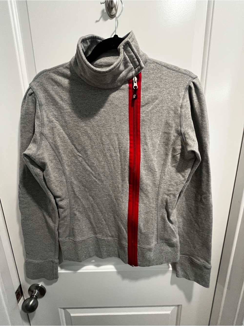Lululemon Vintage Asymmetrical Zip Jacket Gray Red Cotton Funnel Neck Medium